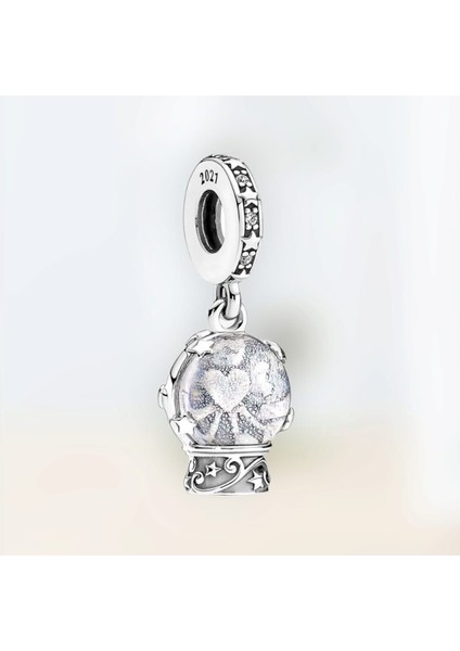 Orjinal 925 Ayar Gümüş Kalp Küresi Temalı Sallanan Charm