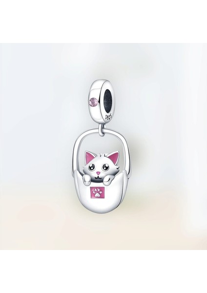 Orjinal 925 Ayar Gümüş Çantada Keditemalı Charm