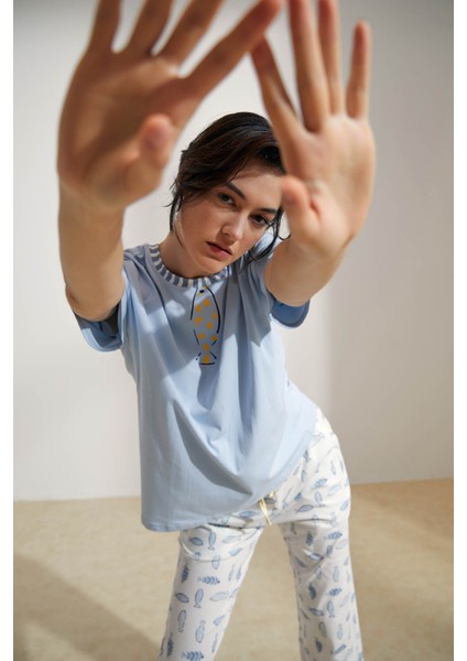 Kadın Pamuklu Kısa Kollu Pijama Üstü