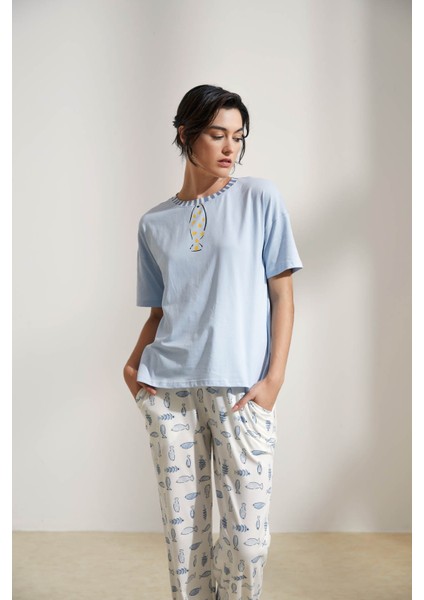 Kadın Pamuklu Kısa Kollu Pijama Üstü