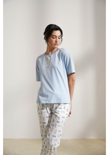 Kadın Pamuklu Kısa Kollu Pijama Üstü