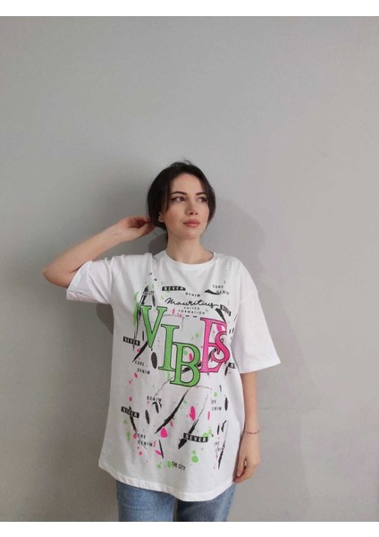 Kadın Vıbes Baskılı T-Shirt Yeni Season Taşlı