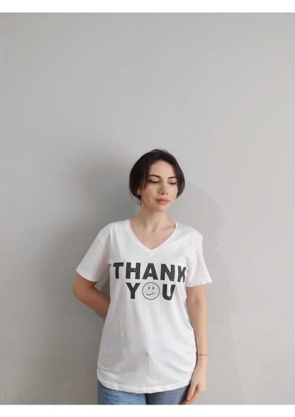 Kadın Thank You Baskılı T-Shirt Yeni Season Taşlı