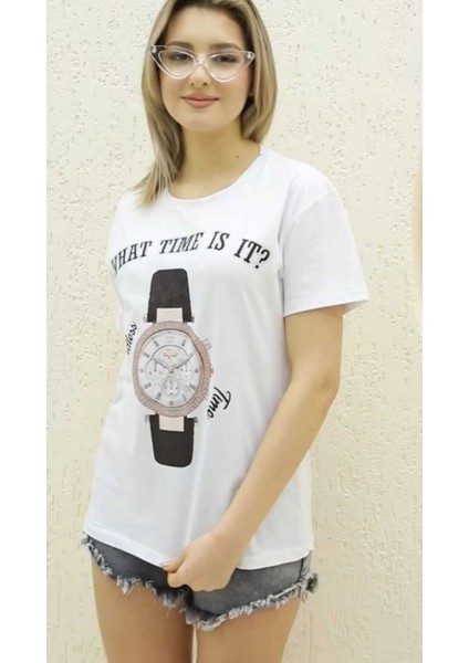 Kadın What Tıme Is It Baskılı T-Shirt Yeni Season Taşlı