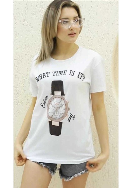 Kadın What Tıme Is It Baskılı T-Shirt Yeni Season Taşlı fiyatları