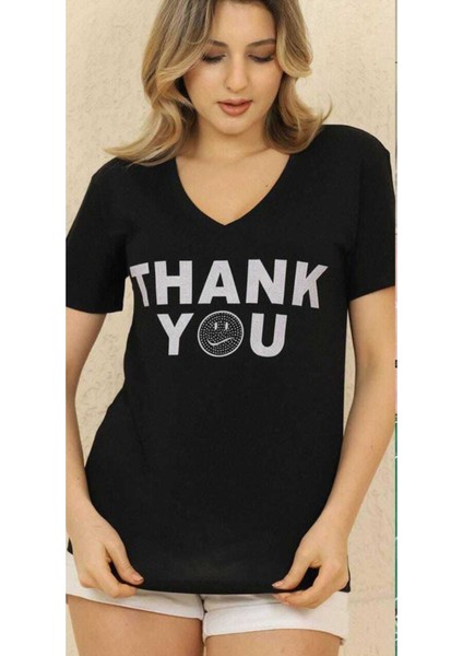 Kadın Thank You Baskılı T-Shirt Yeni Season Taşlı fiyatları