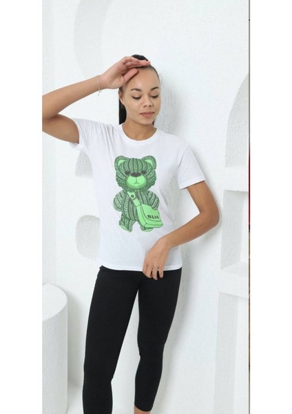 Kadın I'm Yeşil Ayıcık Taş Baskılı T-Shirt Yeni Season