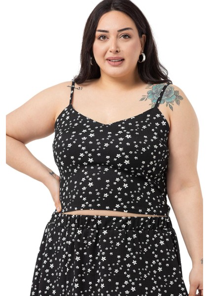 Büyük Beden Ayarlanabilir Ince Askılı Bluz Etek Siyah Ikili Takım fırsatları