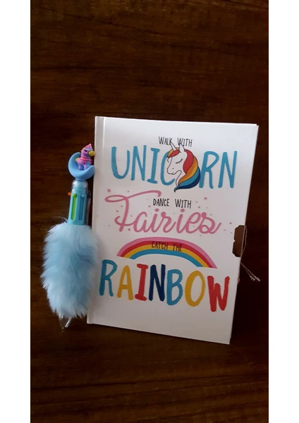 Çilekhomeavm Unicorn Kilitli Hatıra ve Günlük Defteri-Unicorn Renkli Peluş Kalem Seti