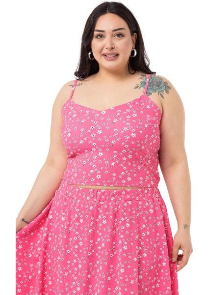 Büyük Beden Ayarlanabilir Ince Askılı Bluz Etek Fuşya Ikili Takım fırsatları