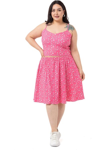 Büyük Beden Ayarlanabilir Ince Askılı Bluz Etek Fuşya Ikili Takım