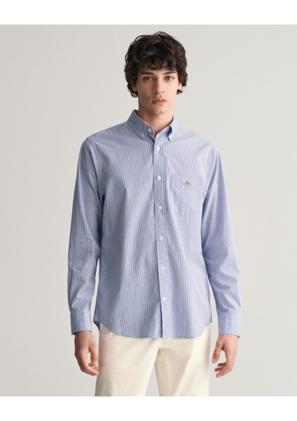 Erkek Mavi Regular Fit Düğmeli Yaka Çizgili Gömlek 3000140.436