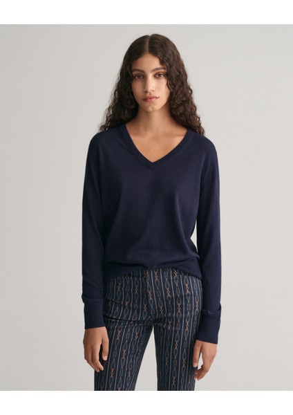 Kadın Lacivert Regular Fit V Yaka Kazak 4803187.433