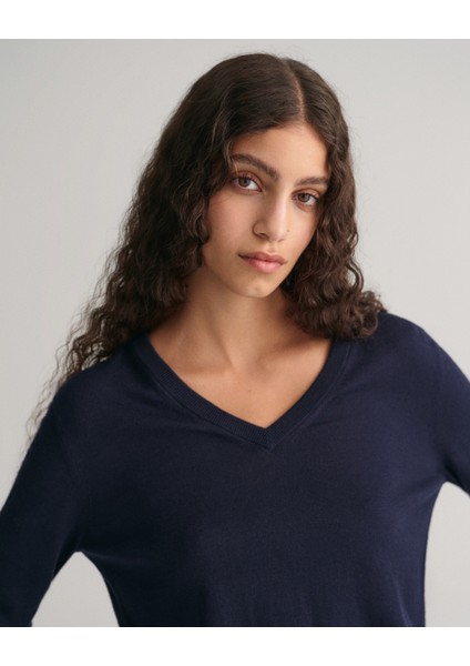 Kadın Lacivert Regular Fit V Yaka Kazak 4803187.433