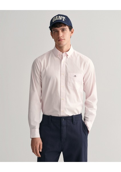 Erkek Pembe Regular Fit Düğmeli Yaka Çizgili Gömlek 3000140.662