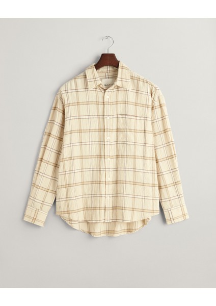 Erkek Bej Oversize Fit Klasik Yaka Kareli Gömlek 3240055.239