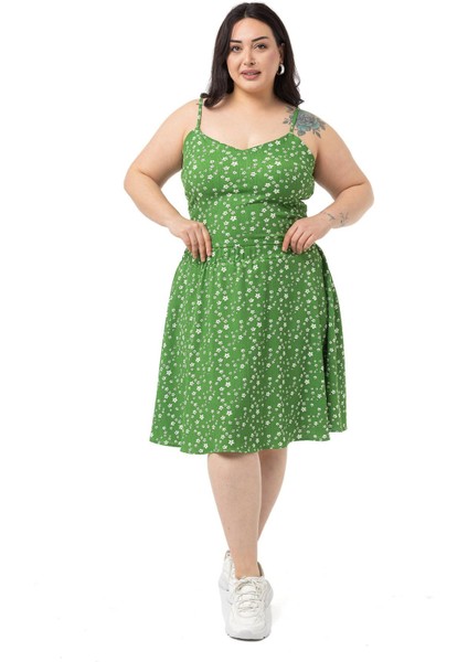 Büyük Beden Ayarlanabilir Ince Askılı Bluz Etek Yeşil Ikili Takım