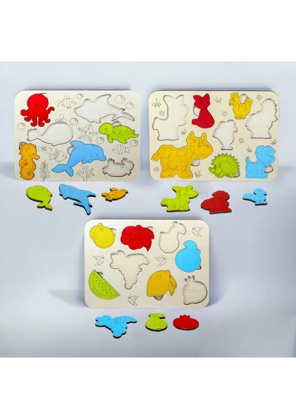 Ahşap 3’lu Eğitici Öğretici Set Yapboz Puzzle Bultak Çocuk Oyuncağı, Hayvan, Meyve, Deniz