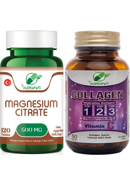 Magnezyum Sitrat 500 Mg Magnesium Citrate 120 Tablet Hidrolize Collagen Tip 1-2-3 50 Tablet