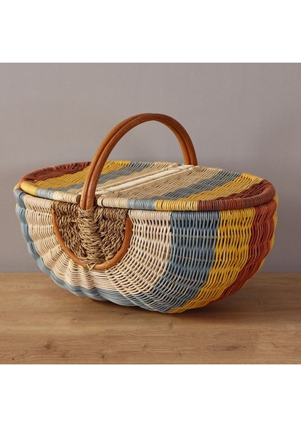 Bohem Large Boy Renkli Piknik Sepeti, Brunch Sepeti, Dekoratif Sepet, Iskandinav, Modern, Rattan
