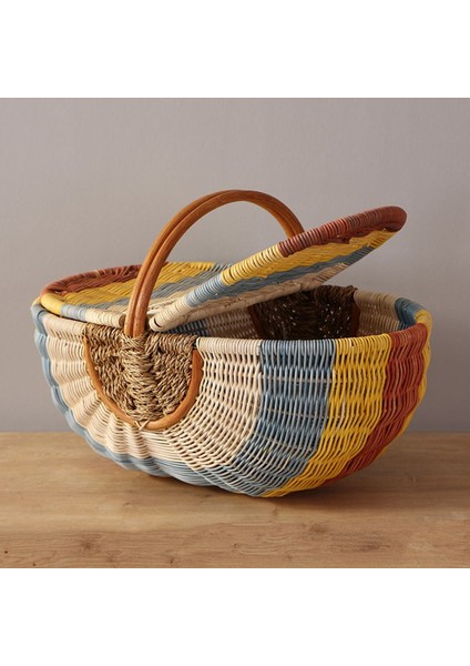 Bohem Large Boy Renkli Piknik Sepeti, Brunch Sepeti, Dekoratif Sepet, Iskandinav, Modern, Rattan