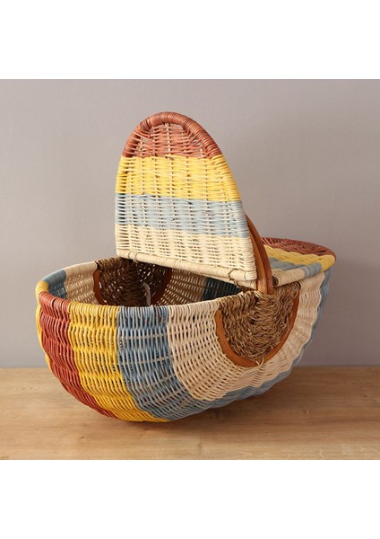 Bohem Large Boy Renkli Piknik Sepeti, Brunch Sepeti, Dekoratif Sepet, Iskandinav, Modern, Rattan