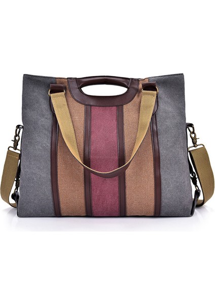 Kanvas Çanta Çok Renkli Çizgili Ekose Çapraz Askılı Çanta Kahve (Yurt Dışından)