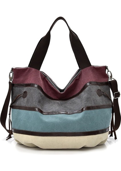 Kanvas Çanta Çok Renkli Çizgili Ekose Çapraz Askılı Çanta Kahve (Yurt Dışından)