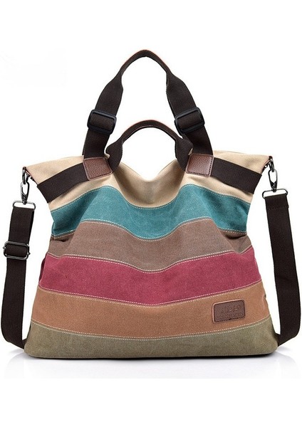 Kanvas Çanta Çok Renkli Çizgili Ekose Çapraz Askılı Çanta Kahve (Yurt Dışından)