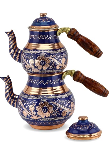 Gül Çiçek Mavi Küçük Bakır Çaydanlık 1,4 Lt