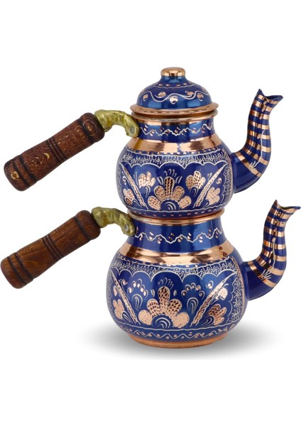 Gül Çiçek Mavi Küçük Bakır Çaydanlık 850 ml