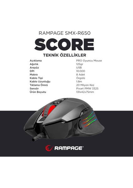 SMX-R650 SCORE Usb Siyah 10000 Dpi RGB Gaming Oyuncu Mouse