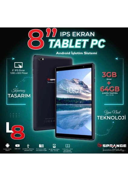 L-8 7" Inç IPS Ekran Androıd 10 3gb Ram 64GB Tablet