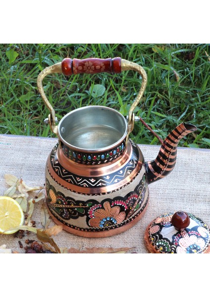 Gül Çiçek Işlemeli Bakır Bitki Cayı Demligi 2 Lt