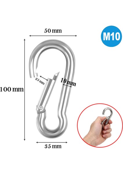 Karabina 10 mm Yaylı Kanca Paslanmaz Çelik Kilit Tırmanma Dağcılık Kamp Ekipmanları Salıncak Hamak Anahtar Askı Kilidi