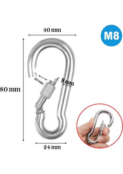 Karabina Kilitli 8 mm Yaylı Kanca Paslanmaz Çelik Kilit Tırmanma Dağcılık Kamp Ekipmanları Salıncak Hamak Anahtar Askı Kilidi