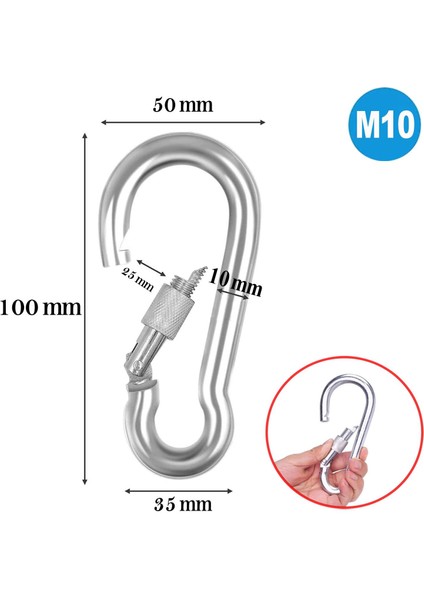 Karabina Kilitli 10 mm Yaylı Kanca Paslanmaz Çelik Kilit Tırmanma Dağcılık Kamp Ekipmanları Salıncak Hamak Anahtar Askı Kilidi