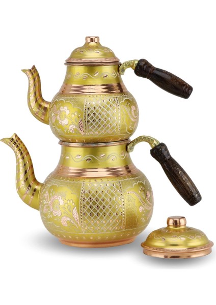 Gül Çiçek Gold Renk Bakır Çaydanlık