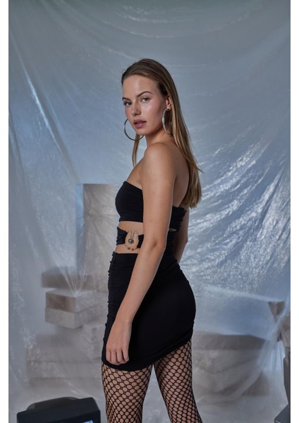 Kadın Siyah Mini Boy Aksesuarlı Bel Detaylı Straplez Buble Elbise