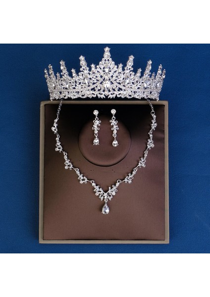 Renk Kristal Water Drop Bridal Jewelry Sets Rhinestone Tiaras Crown Necklace Earrings Wedding Dubai Jewelry Set (Yurt Dışından) fiyatları