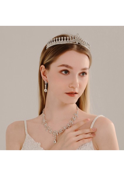 Renk Kristal Water Drop Bridal Jewelry Sets Rhinestone Tiaras Crown Necklace Earrings Wedding Dubai Jewelry Set (Yurt Dışından) fiyatları