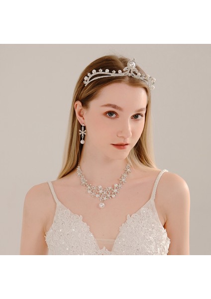 Renk Kristal Water Drop Bridal Jewelry Sets Rhinestone Tiaras Crown Necklace Earrings Wedding Dubai Jewelry Set (Yurt Dışından) fiyatları