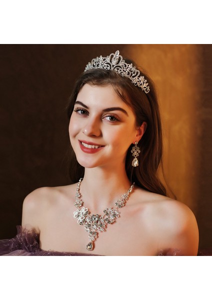 Renk Kristal Water Drop Bridal Jewelry Sets Rhinestone Tiaras Crown Necklace Earrings Wedding Dubai Jewelry Set (Yurt Dışından) fiyatları