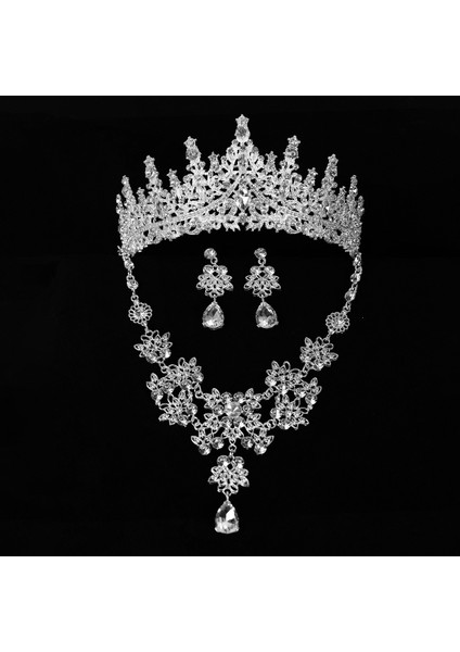Renk Kristal Water Drop Bridal Jewelry Sets Rhinestone Tiaras Crown Necklace Earrings Wedding Dubai Jewelry Set (Yurt Dışından)