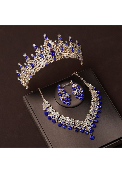 Renk Kristal Water Drop Bridal Jewelry Sets Rhinestone Tiaras Crown Necklace Earrings Wedding Dubai Jewelry Set (Yurt Dışından)