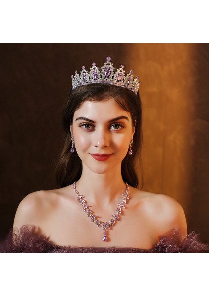Renk Kristal Water Drop Bridal Jewelry Sets Rhinestone Tiaras Crown Necklace Earrings Wedding Dubai Jewelry Set (Yurt Dışından) fiyatları