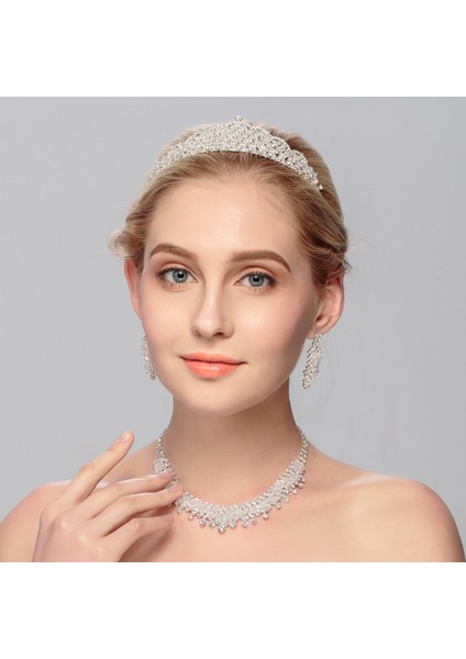 Renk Kristal Water Drop Bridal Jewelry Sets Rhinestone Tiaras Crown Necklace Earrings Wedding Dubai Jewelry Set (Yurt Dışından) fiyatları
