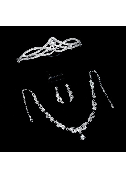 Renk Kristal Water Drop Bridal Jewelry Sets Rhinestone Tiaras Crown Necklace Earrings Wedding Dubai Jewelry Set (Yurt Dışından)