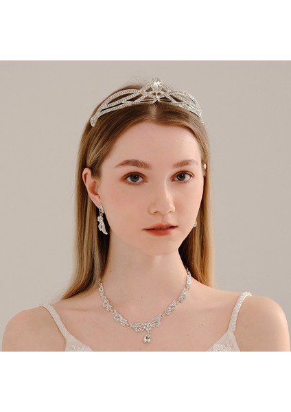 Renk Kristal Water Drop Bridal Jewelry Sets Rhinestone Tiaras Crown Necklace Earrings Wedding Dubai Jewelry Set (Yurt Dışından) fiyatları