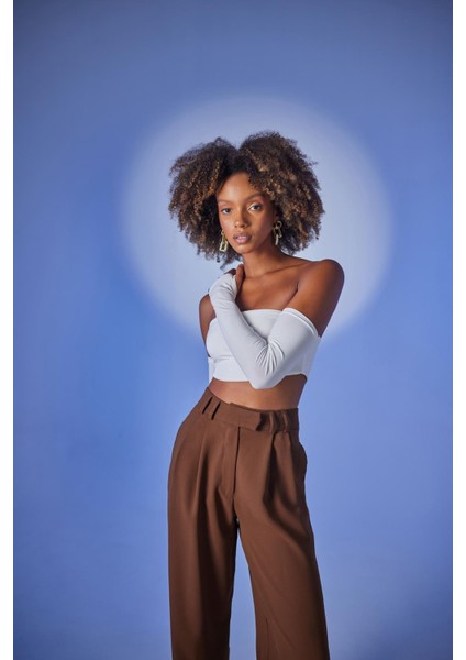 Kadın Ekru Straplez Crop Kol Detaylı Noir Bluz